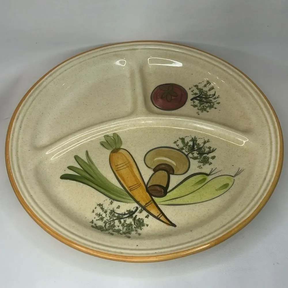 Los Angeles Potteries USA 3 Section Divided Plate Heavy Ceramic Orange Green Red
